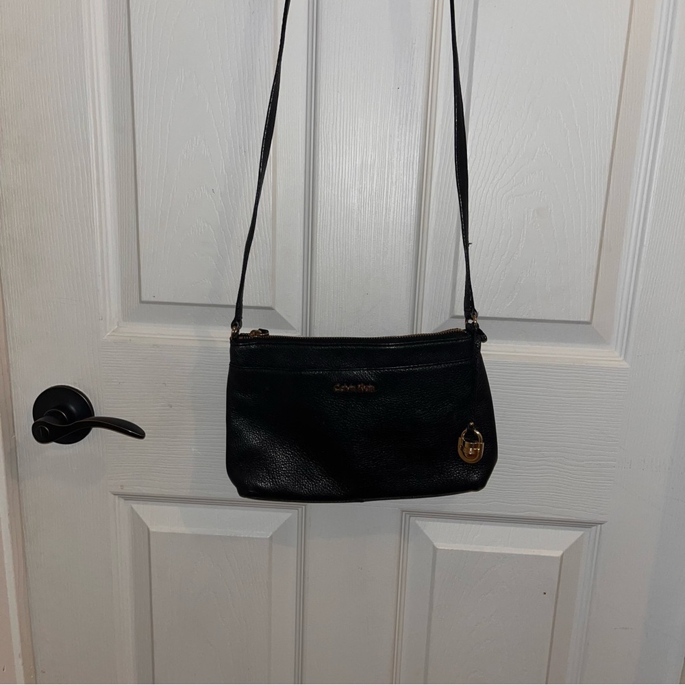 Calvin Klein Black Leather Crossbody Bag with Gold Hardware